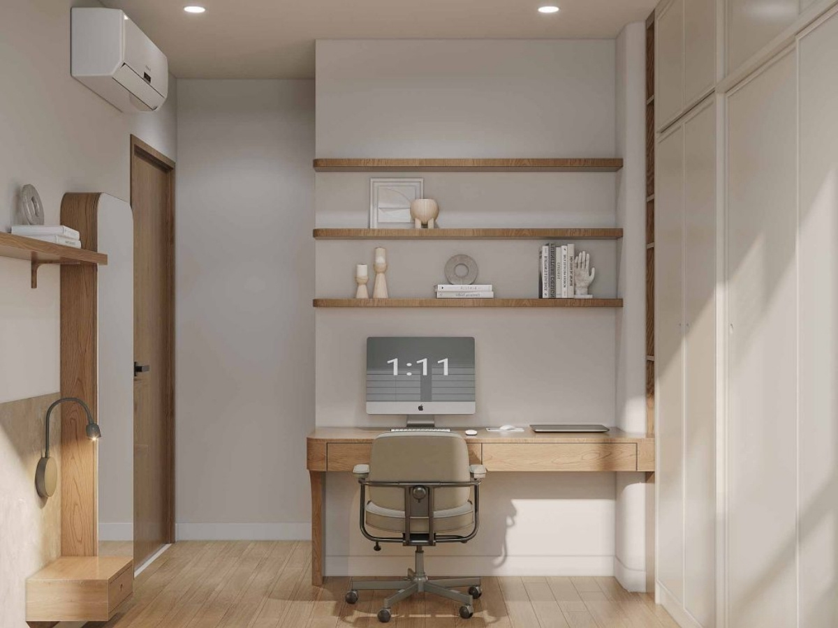Workspace Japandi với gỗ s&aacute;ng m&agrave;u v&agrave; đường n&eacute;t mềm mại